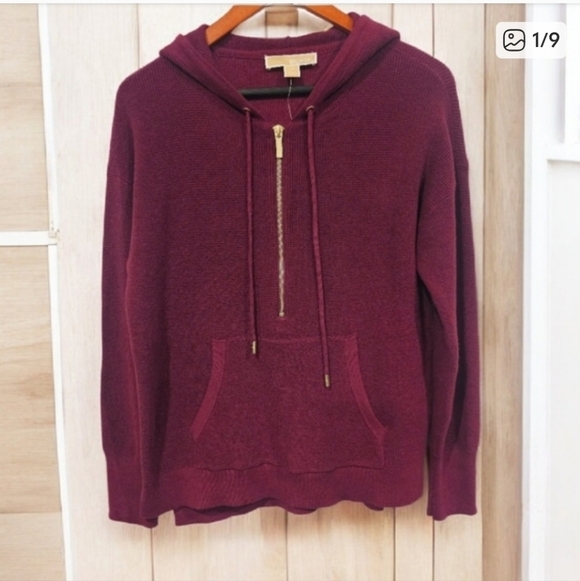 NWT Michael Kors Women's Maroon Knit Hoodie With Half Zipper And Strings--Size S - Picture 10 of 10